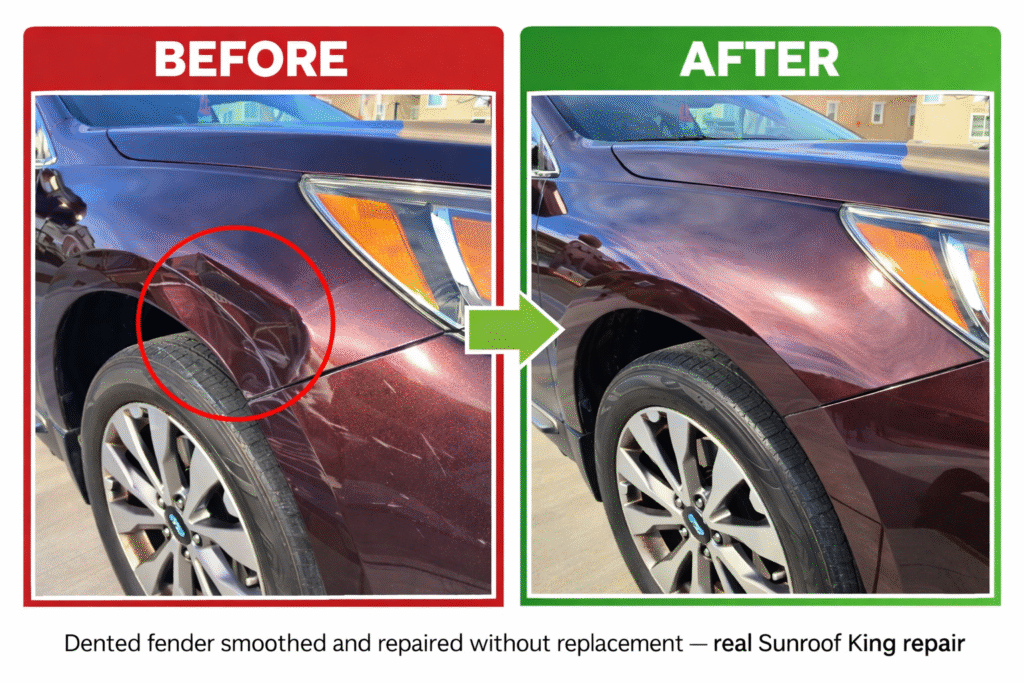 Before and after fender repair showing a dented fender restored and smoothed by Sunroof King in Houston